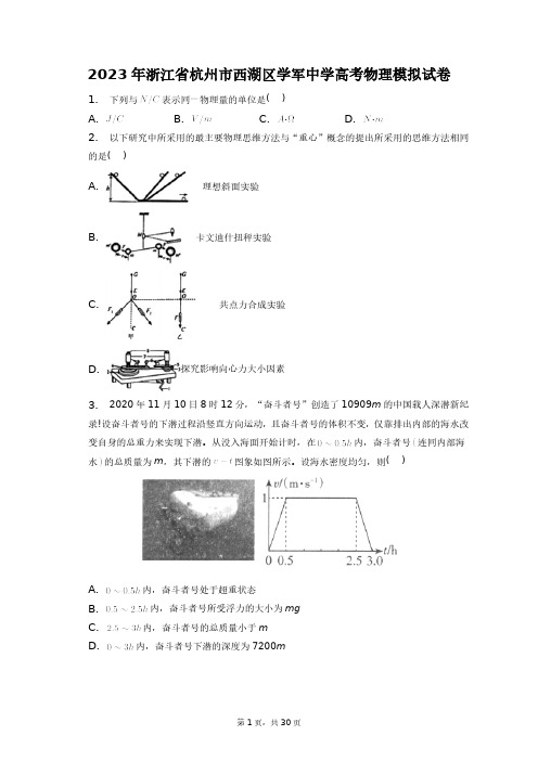 2023年浙江省杭州市西湖区学军中学高考物理模拟试卷+答案解析(附后)