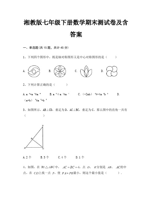 湘教版七年级下册数学期末测试卷及含答案(适用考试)