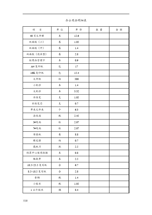 办公用品明细表、价目表