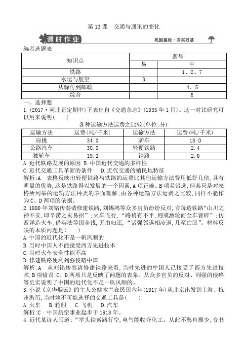 高中历史高一必修二试题：第13课_交通与通讯的变化_word版含解析