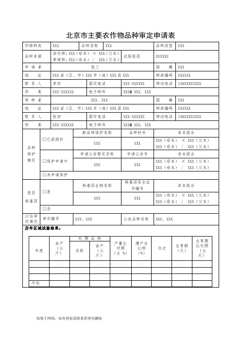 北京市主要农作物品种审定申请表(样表)