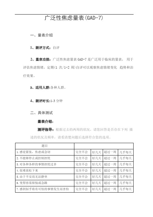 广泛性焦虑量表GAD-7