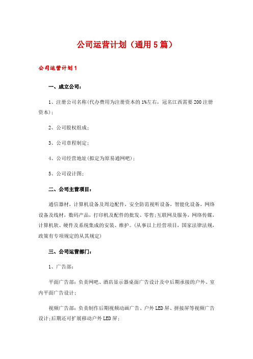 公司运营计划(通用5篇)