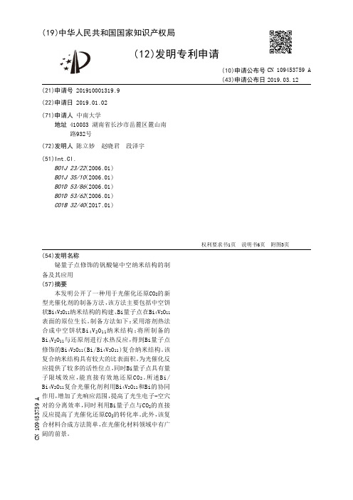 【CN109453759A】铋量子点修饰的钒酸铋中空纳米结构的制备及其应用【专利】