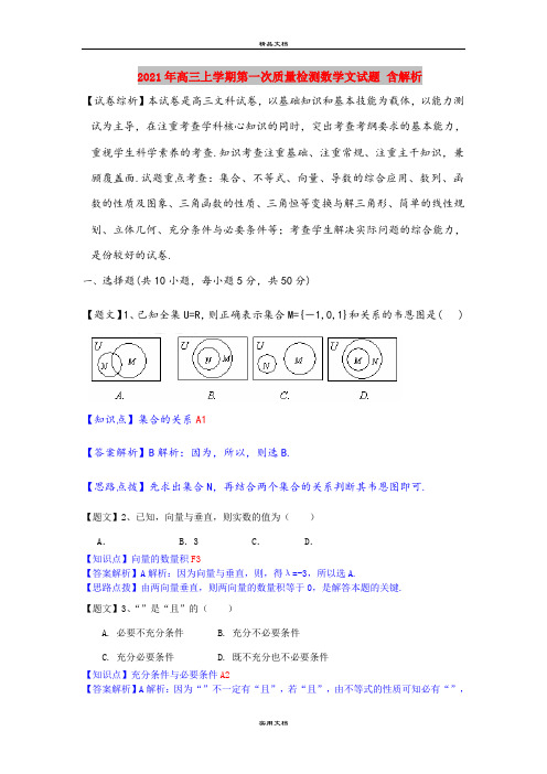 2021年高三上学期第一次质量检测数学文试题 含解析