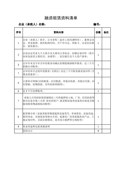 融资租赁清单及申请表