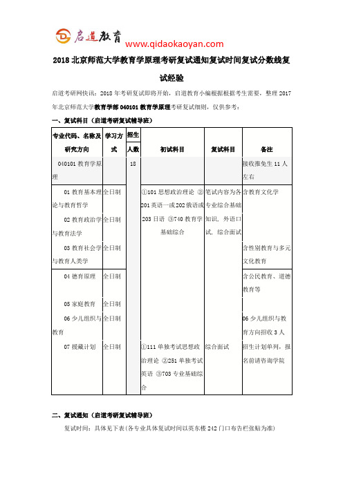 2018北京师范大学教育学原理考研复试通知复试时间复试分数线复试经验