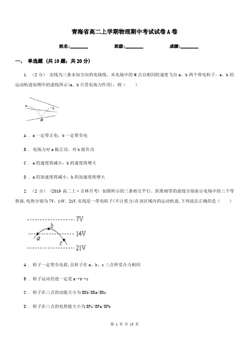 青海省高二上学期物理期中考试试卷A卷(考试)