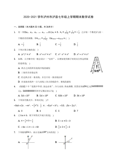 2020-2021学年泸州市泸县七年级上学期期末数学试卷(附解析)