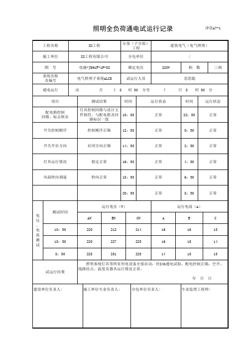 照明全负荷通电试运行记录-津资A7-1(填写范例)