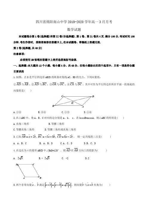 四川省绵阳南山中学2019-2020学年高一3月月考数学试题Word版含答案