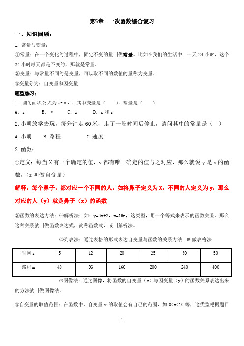 浙教版八年级上册数学 第5章一次函数 综合复习A(知识点+题型)