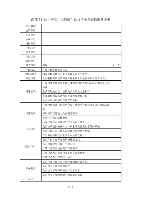 建设项目竣工环保三同时执行情况自查情况备案表