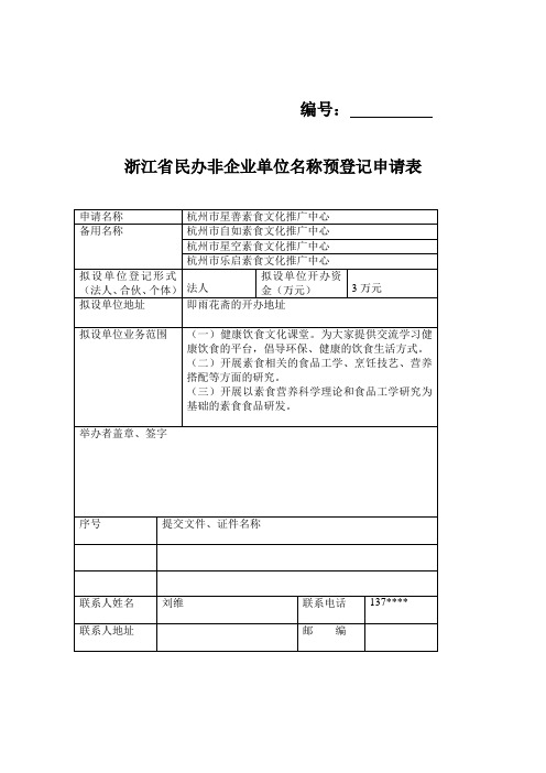 1、民办非企业单位名称预登记申请表