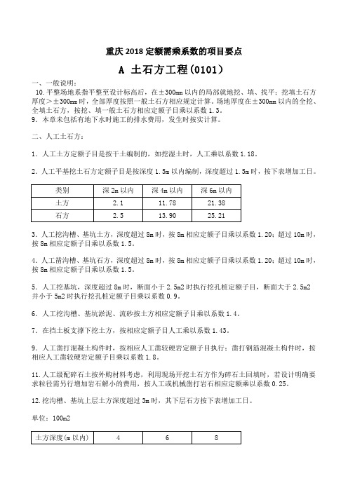 重庆2018定额需乘系数的项目要点