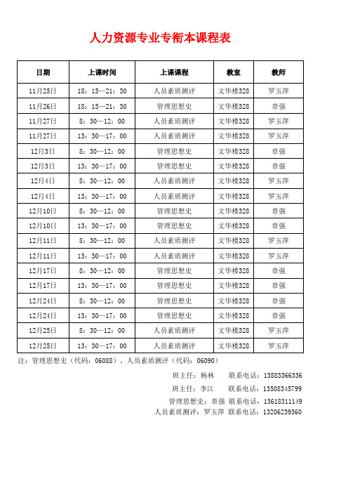 人力资源专业11-12月课程表