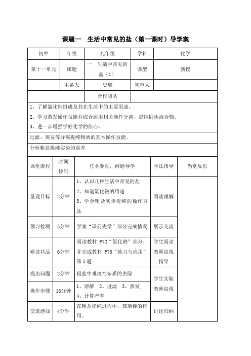 人教版九年级化学下册教案：11.1生活中常见的盐(第一课时)