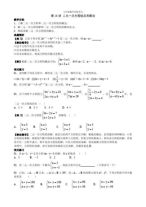 七年级数学培优讲义第18讲   二元一次方程组及其解法