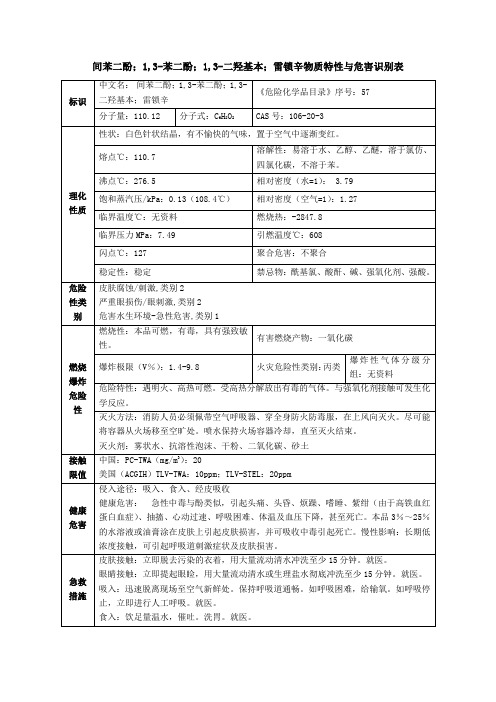 间苯二酚;1,3-苯二酚;1,3-二羟基本;雷锁辛安全技术说明书