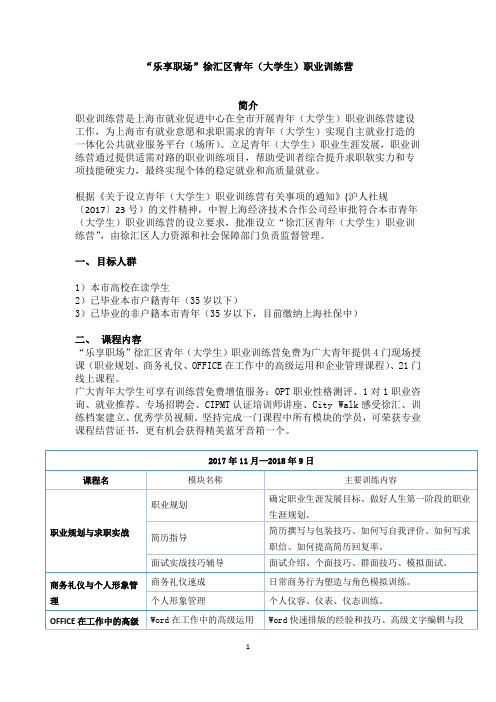 “乐享职场”徐汇区青年(大学生)职业训练营简介职业训练营是上海市