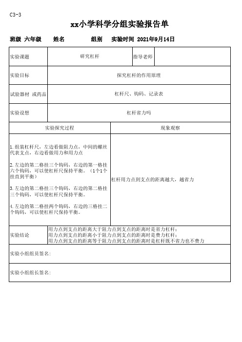 人教版科学六年级上册分组实验报告单