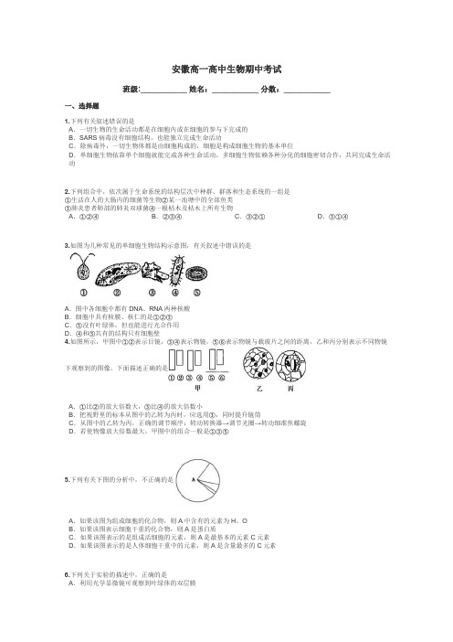 安徽高一高中生物期中考试带答案解析
