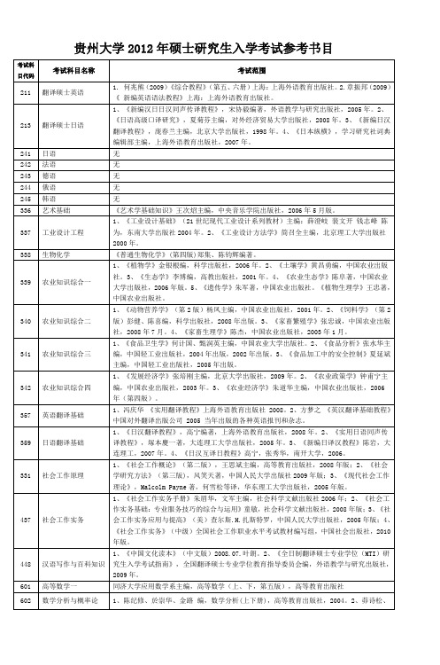 贵州大学2012年硕士研究生入学考试参考书目