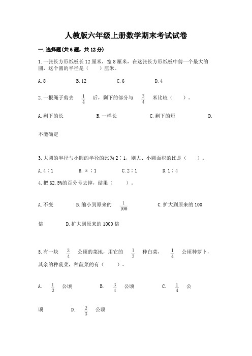 人教版六年级上册数学期末考试试卷附参考答案【精练】