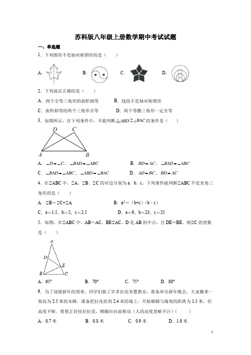 苏科版八年级上册数学期中考试试卷附答案