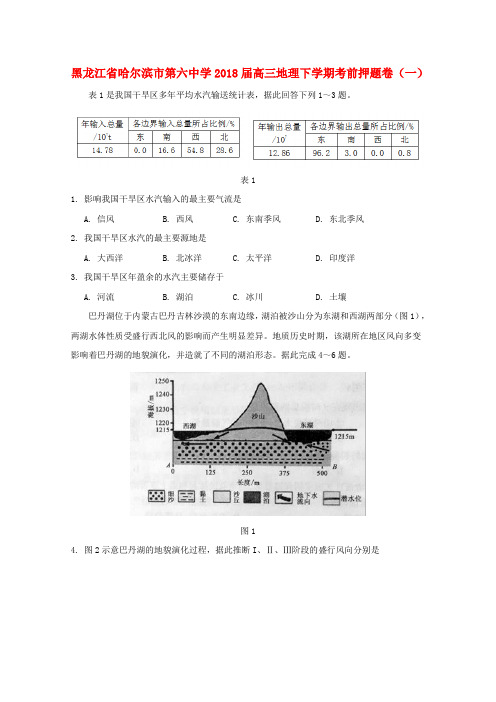 黑龙江省哈尔滨市第六中学2018届高三地理下学期考前押题卷(一)