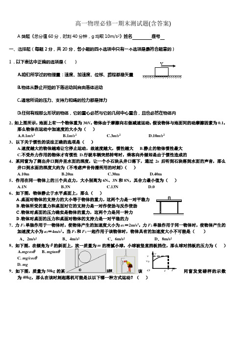 人教版高一物理必修一期末考试题及答案