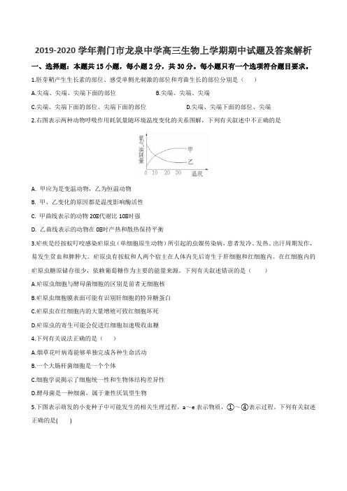 2019-2020学年荆门市龙泉中学高三生物上学期期中试题及答案解析