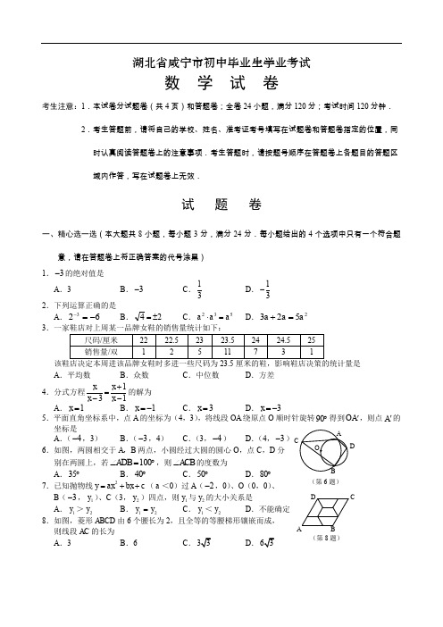 湖北省咸宁市中考真题数学试卷