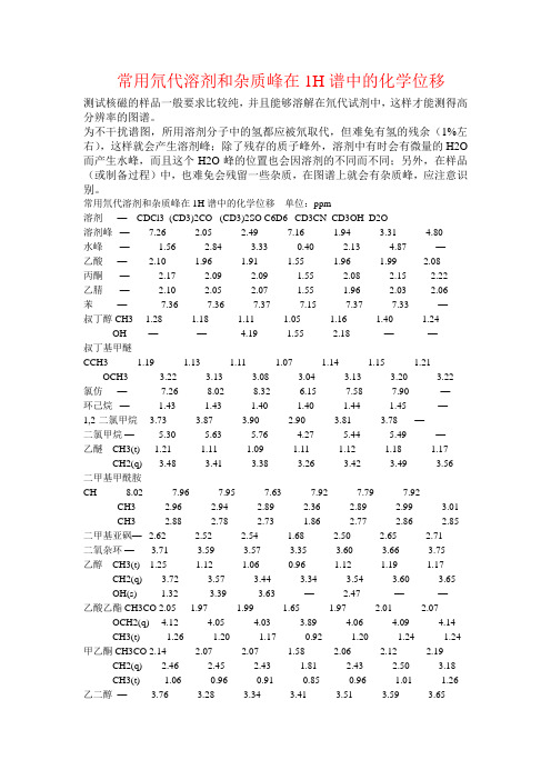 常用氘代溶剂和杂质峰在1H谱中的化学位移