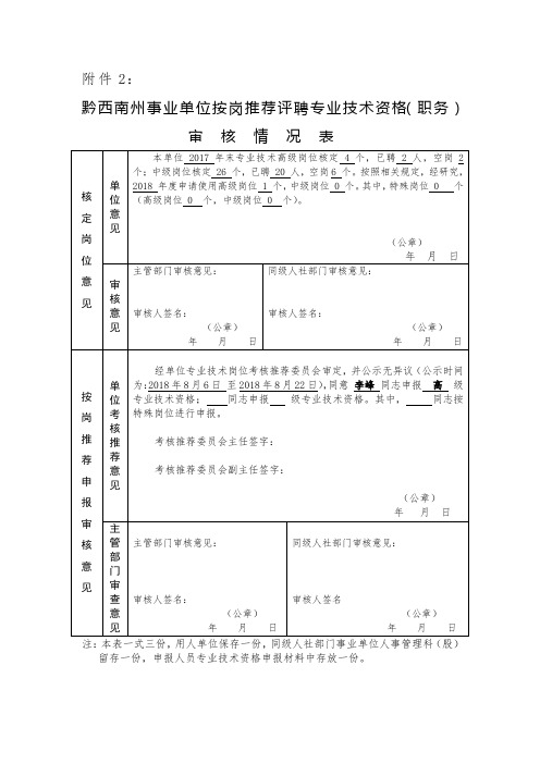 黔西南州事业单位按岗推荐评聘专业技术资格审核情况表