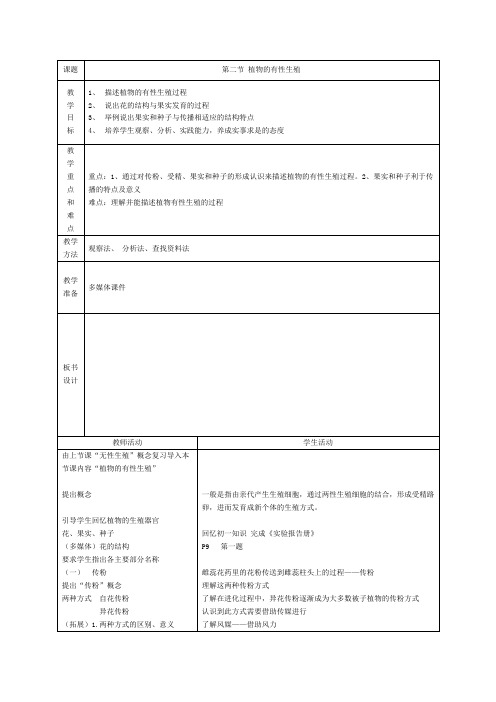 苏教版--八年级上册-第二节 植物的有性生殖 教案