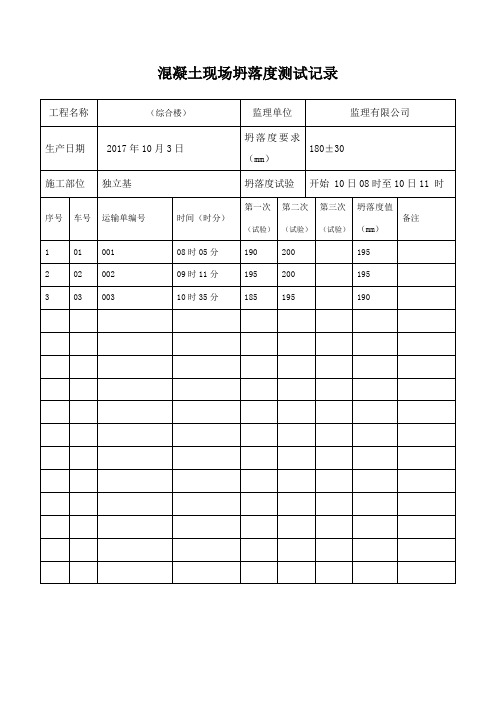 混凝土现场坍落度测试记录