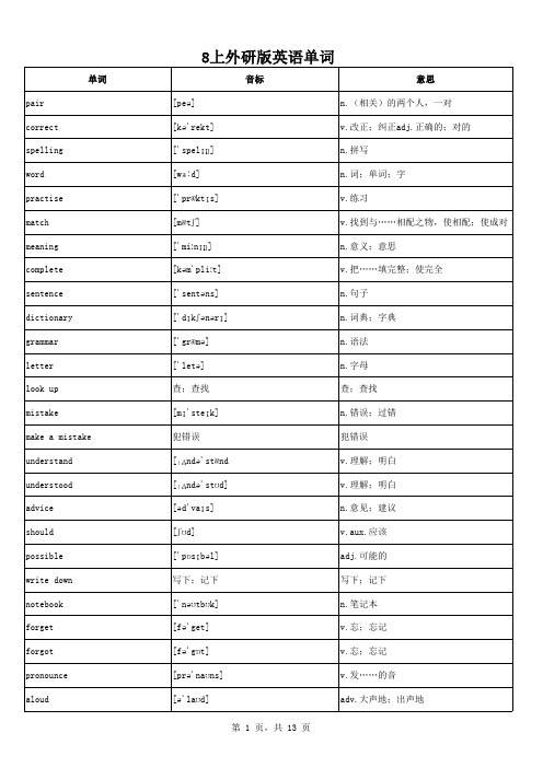 外研版八年级英语上册单词表(单词、音标、词义分栏)