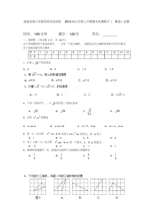 海南省海口市教育研究培训院2014届九年级上学期期末检测数学(B卷)试题