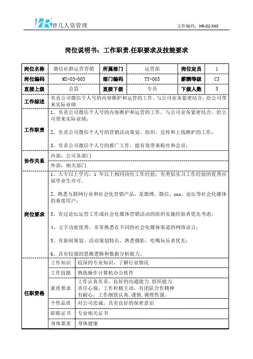 微信社群运营营销岗位说明书工作职责和任职要求