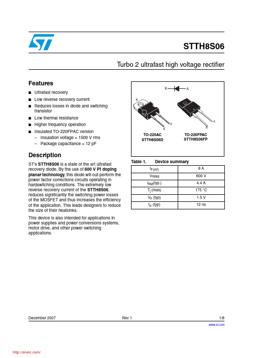 STTH8S06D;STTH8S06FP;中文规格书,Datasheet资料