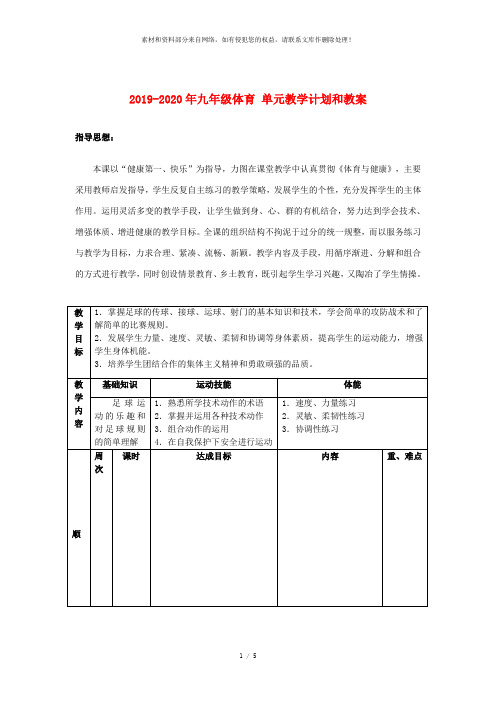 2019-2020年九年级体育 单元教学计划和教案