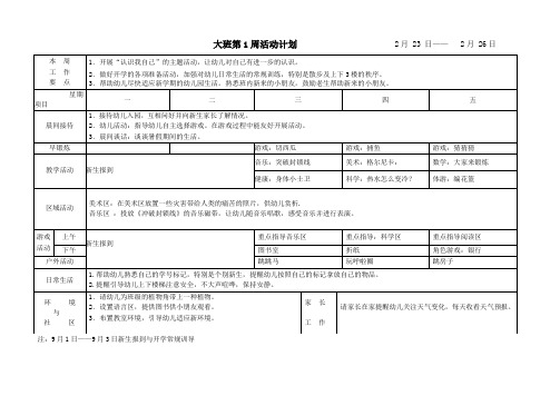 幼儿园大班周计划表