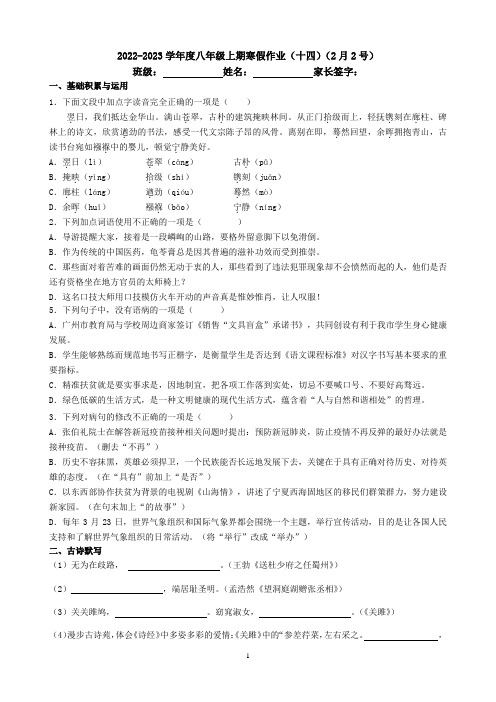 2022-2023学年度八年级上期语文寒假作业(十四)