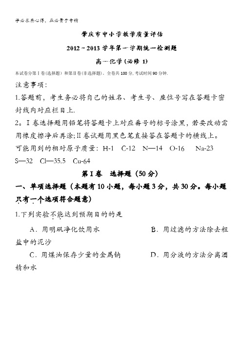 广东省肇庆市2012-2013学年高一上学期期末考试化学试题 含解析