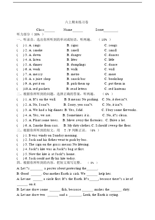 2014—2015新版译林6A六年级英语上册期末卷.docx