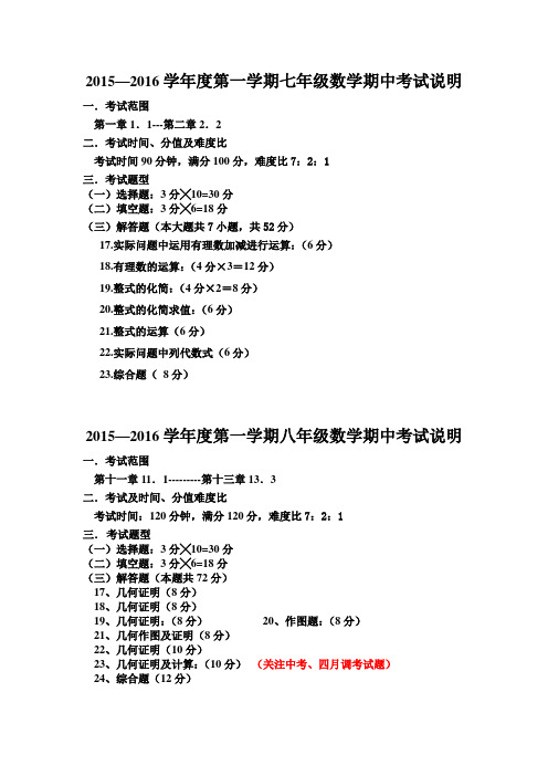 15-16上数学期中考试说明