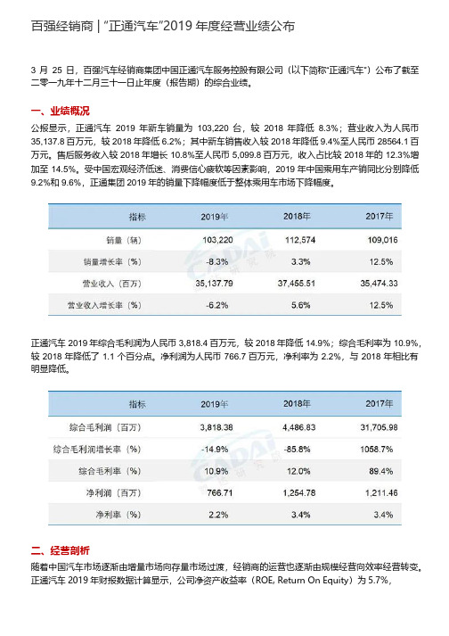 百强经销商正通汽车2019年经营业绩