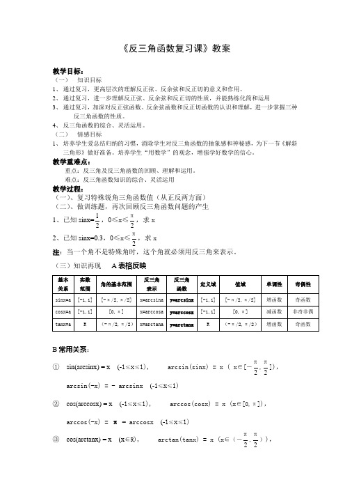 反三角函数复习课教案