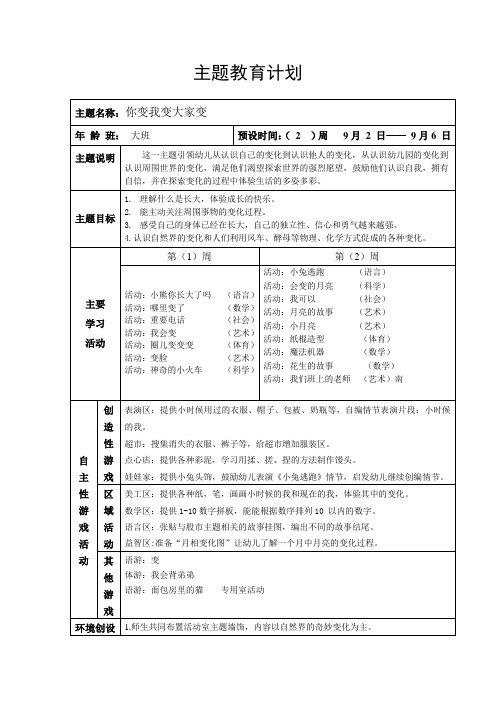 大班上学期主题计划新